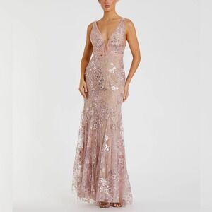 Mac Duggal 67481 Rose Pink Floral Embellished Sleeveless Plunge Neck Gown 14 NWT